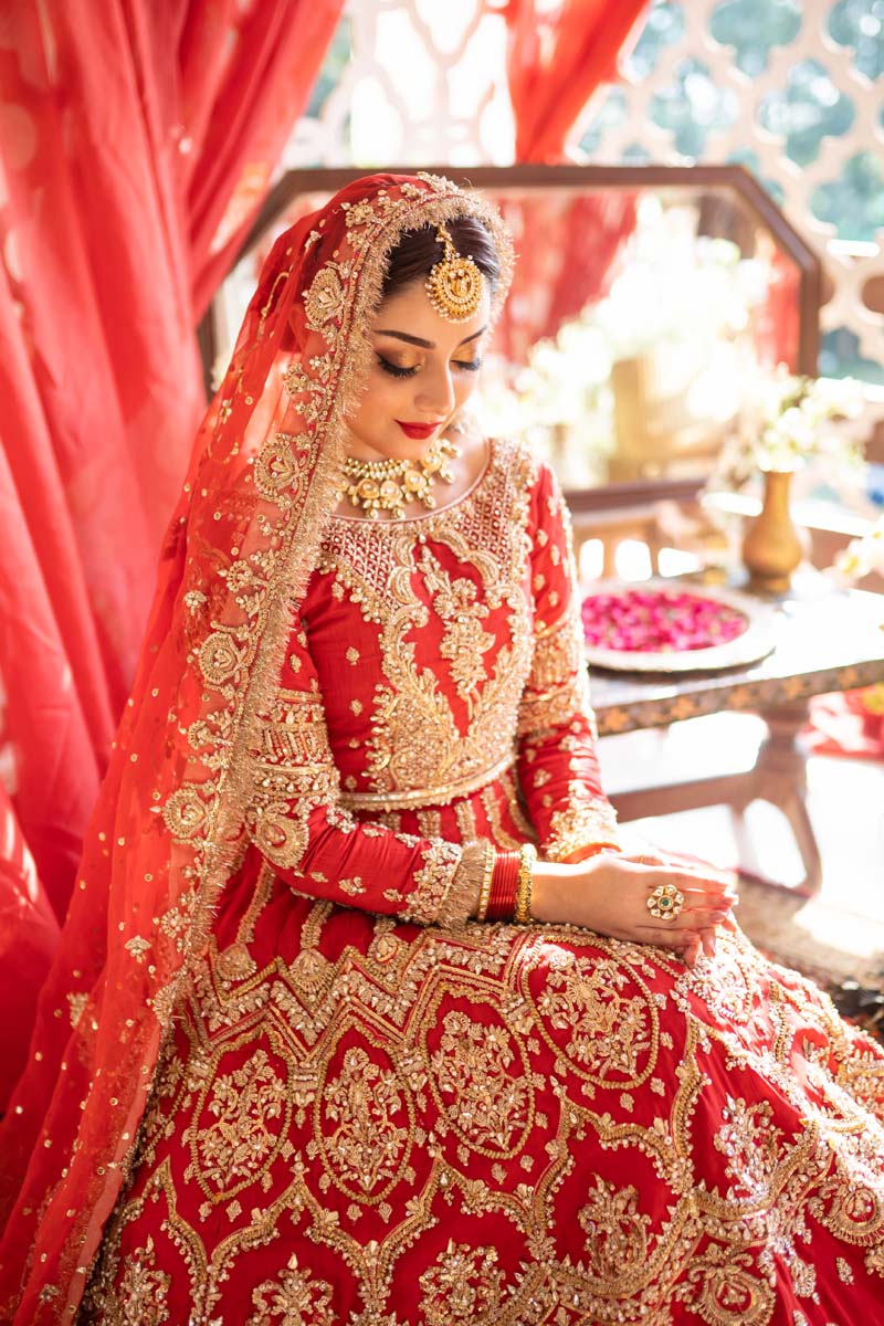 Pakistani Crimson Red Embroidered Raw Silk Bridal Lehenga (3-Piece) - Image 9