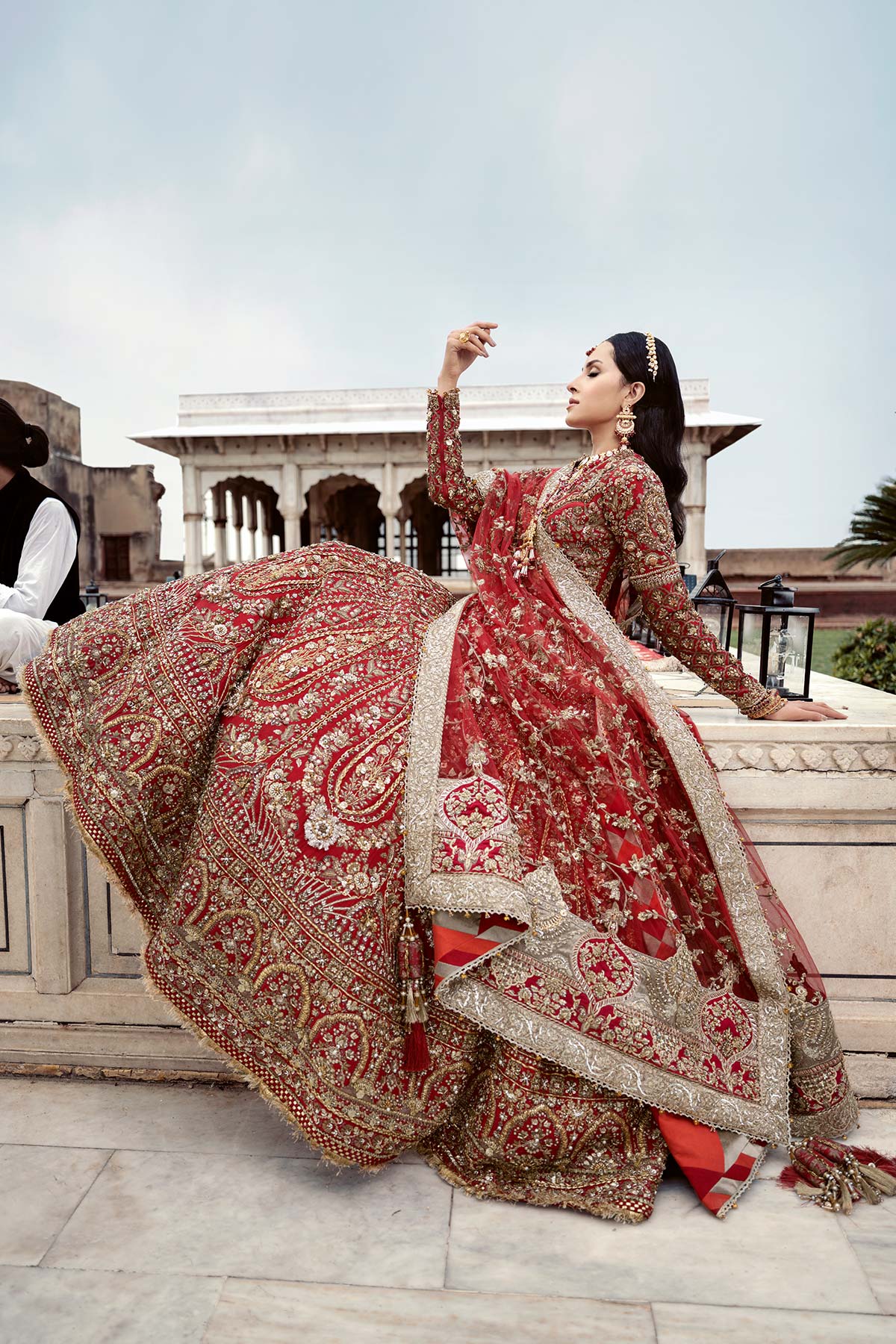 Pakistani Garnet Red Zardozi Rawsilk Bridal Lehenga Choli (3-Piece) - Image 3