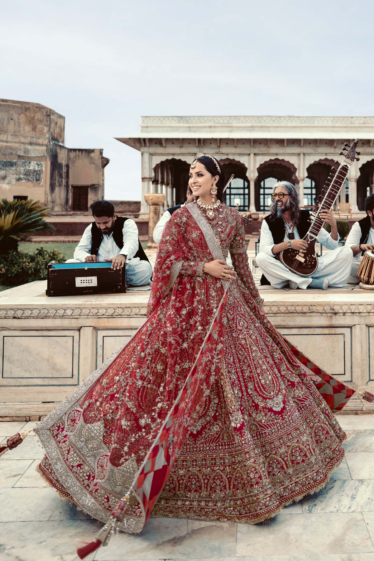 Pakistani Garnet Red Zardozi Rawsilk Bridal Lehenga Choli (3-Piece) - Image 4
