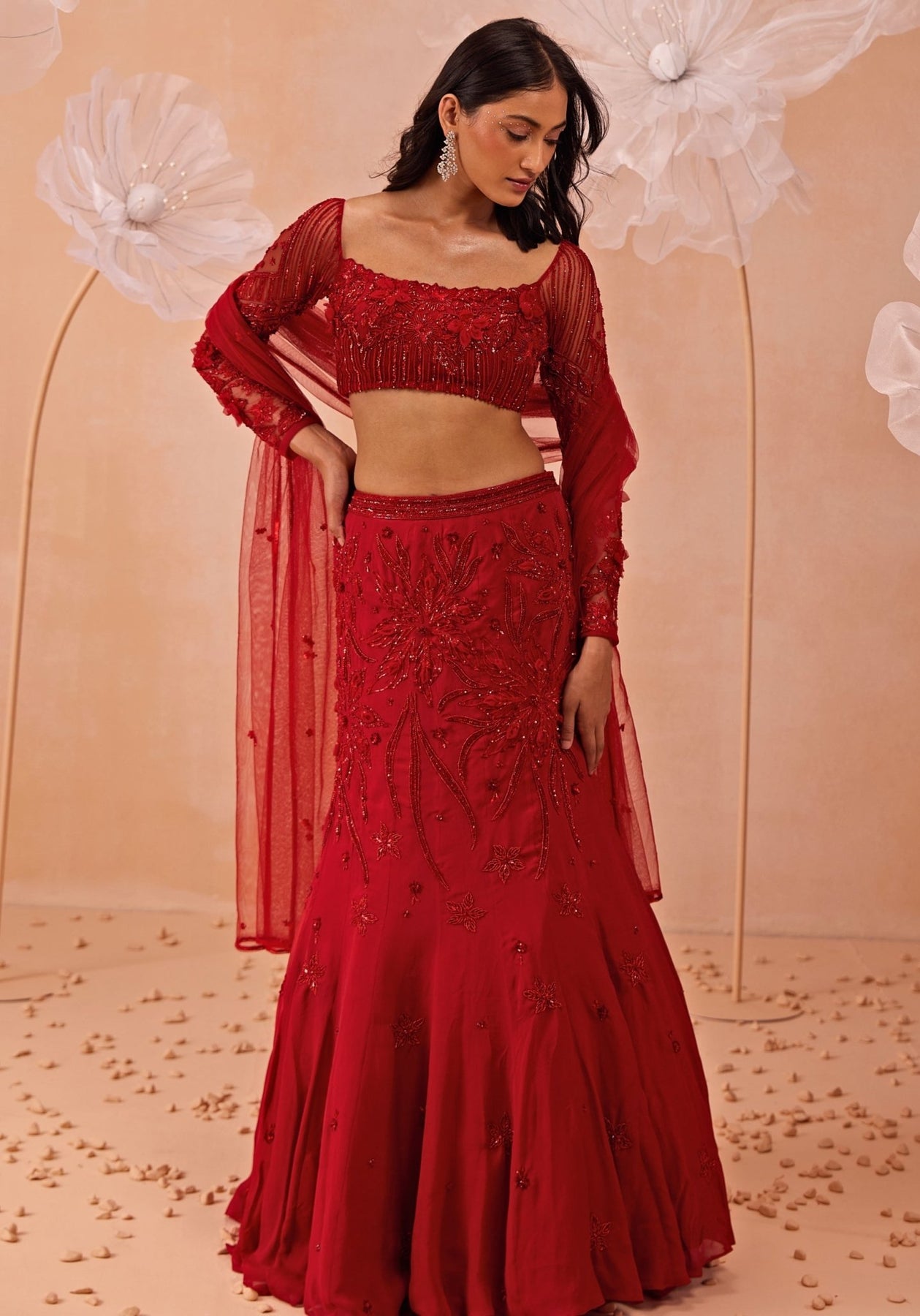 Red Embroidered Satin Georgette Mermaid Lehenga (3-Piece) - Image 2