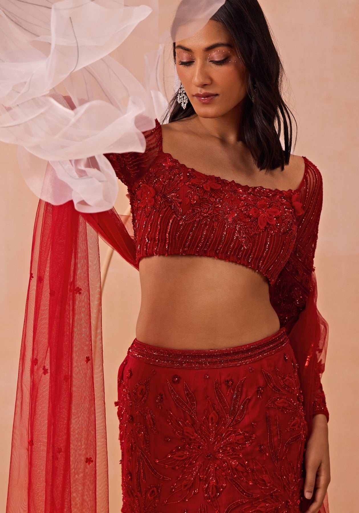 Red Embroidered Satin Georgette Mermaid Lehenga (3-Piece) - Image 3