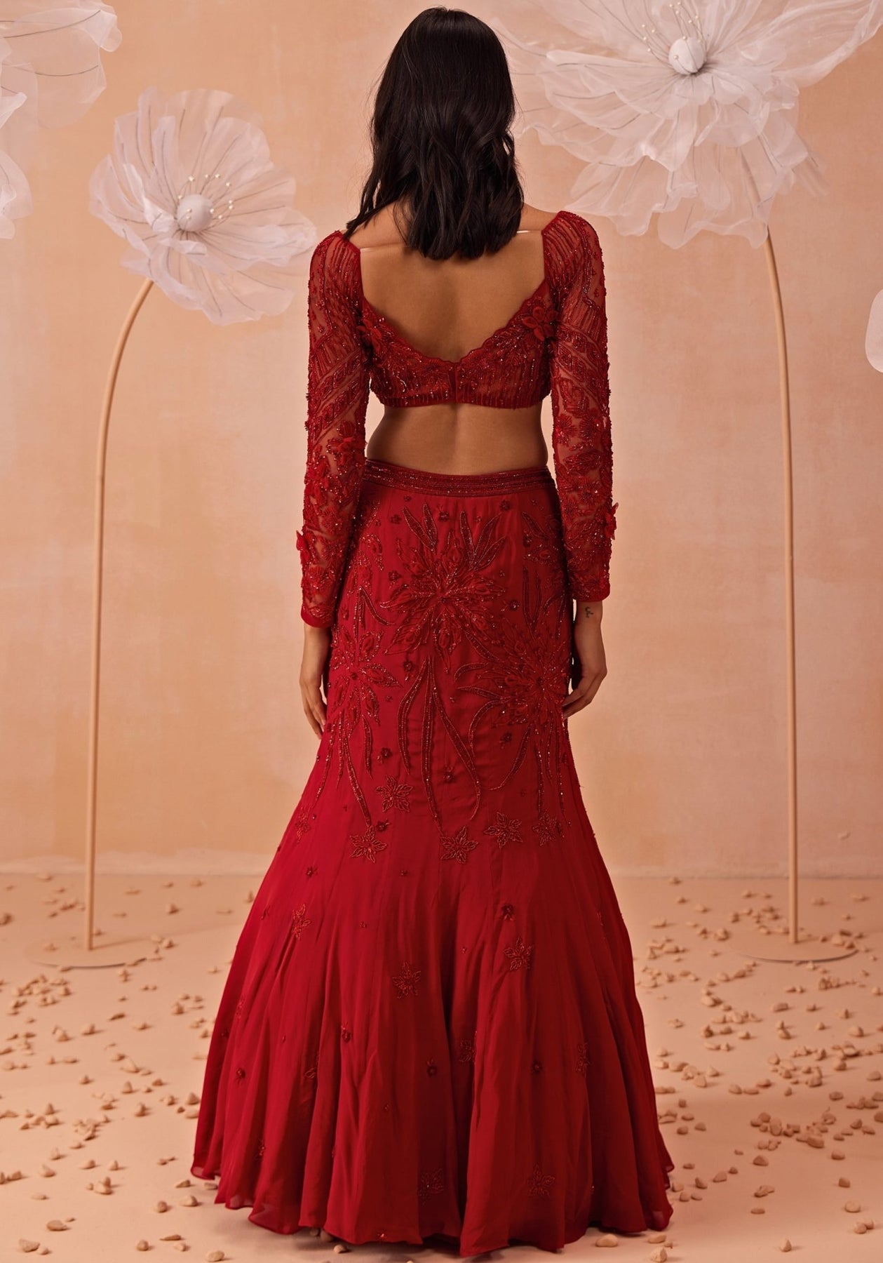 Red Embroidered Satin Georgette Mermaid Lehenga (3-Piece) - Image 4