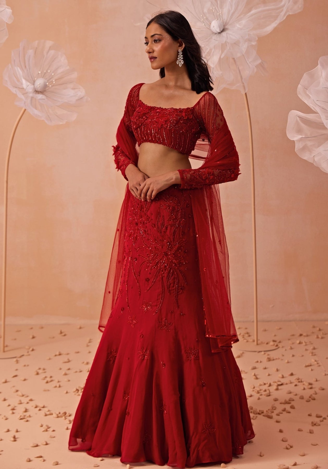 Red Embroidered Satin Georgette Mermaid Lehenga (3-Piece) - Image 5