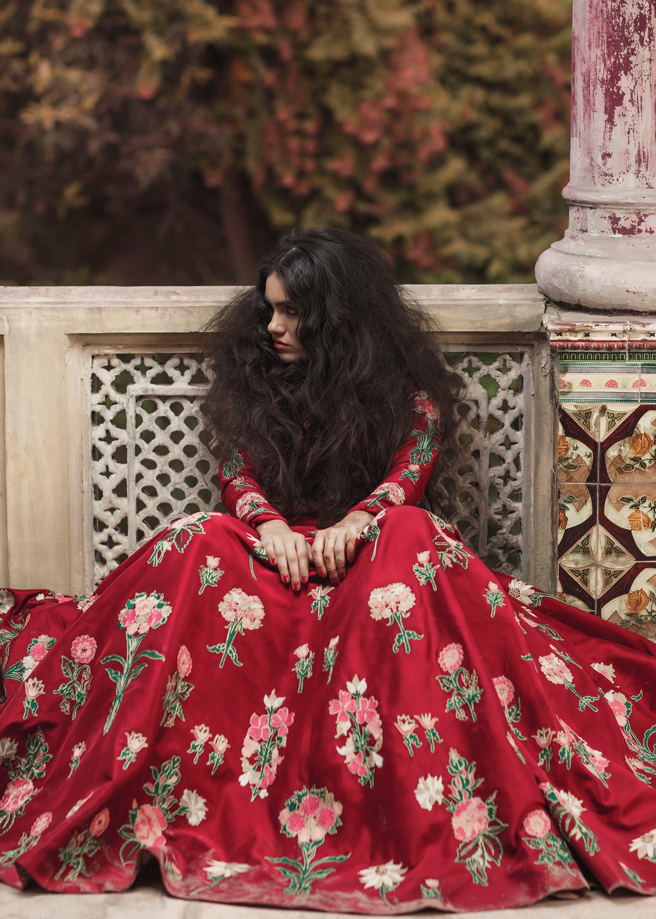 Pakistani Red Floral Embroidered Satin Raw-Silk Lehenga (2-Piece) - Image 3