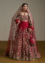 Indian Cherry Red Zardozi Satin Silk Bridal Lehenga (3-Piece) - Image 2