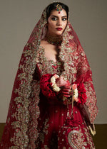 Indian Cherry Red Zardozi Satin Silk Bridal Lehenga (3-Piece) - Image 3