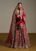 Indian Cherry Red Zardozi Satin Silk Bridal Lehenga (3-Piece) - Image 4