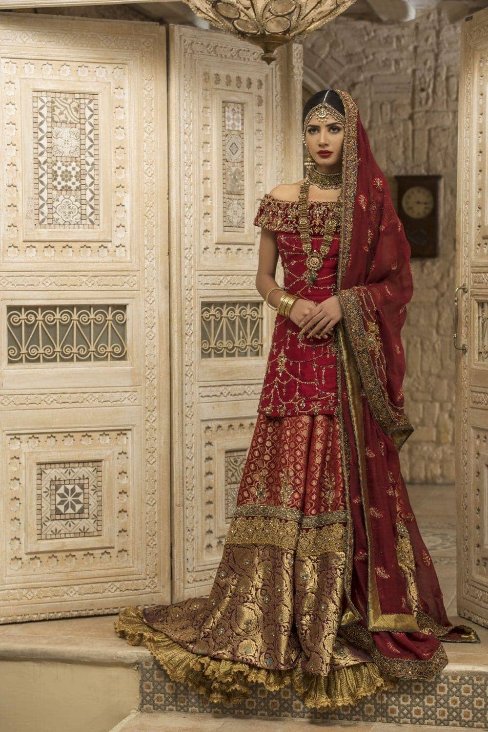 Imperial Red Zardozi Satin Bridal Lehenga (3-Piece) - Image 1