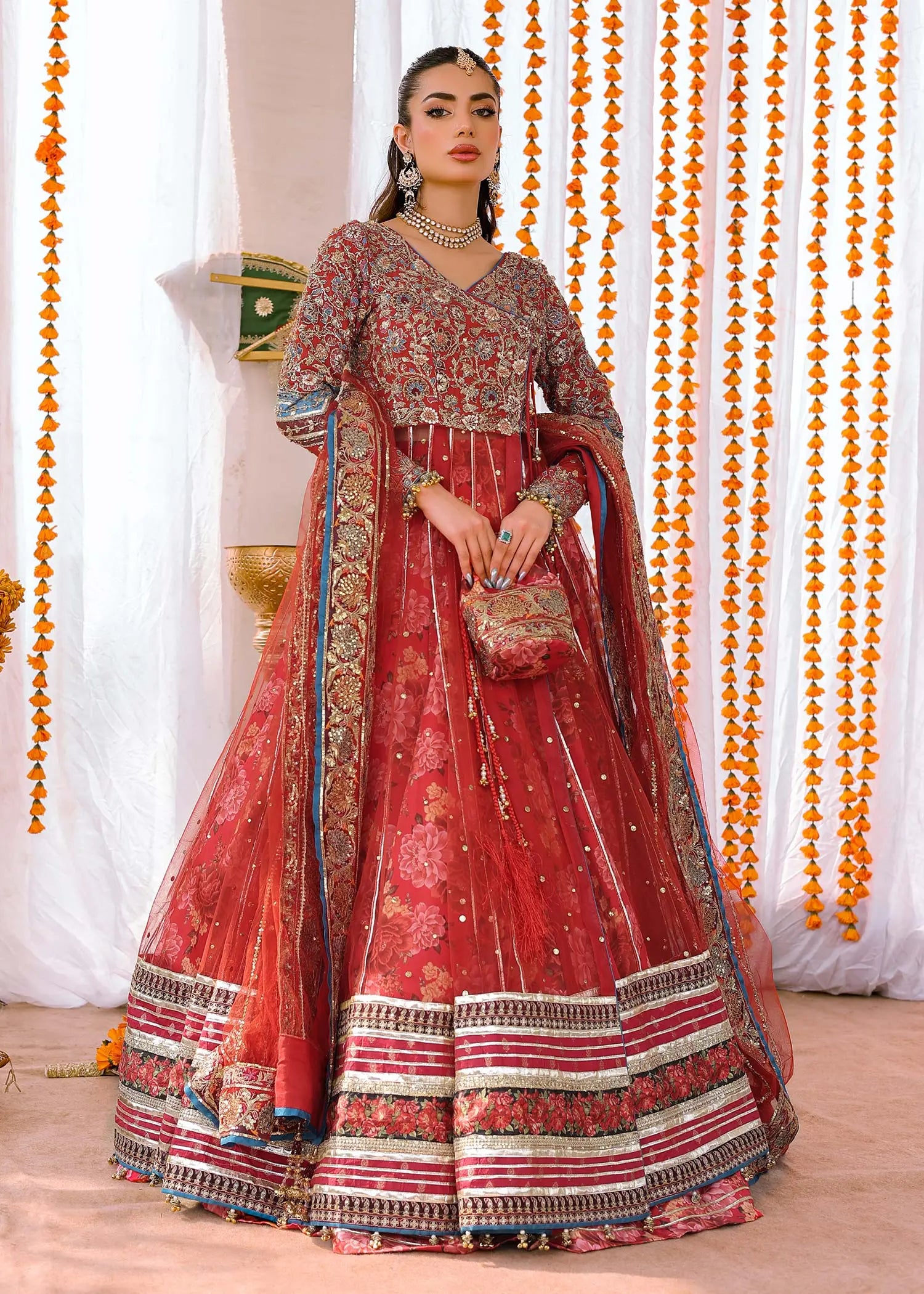 Red Zardozi Net Angrakha Lehenga (3-Piece) - Image 1