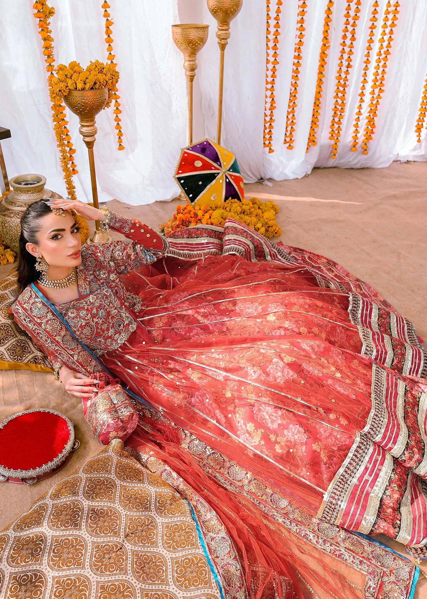 Red Zardozi Net Angrakha Lehenga (3-Piece) - Image 10