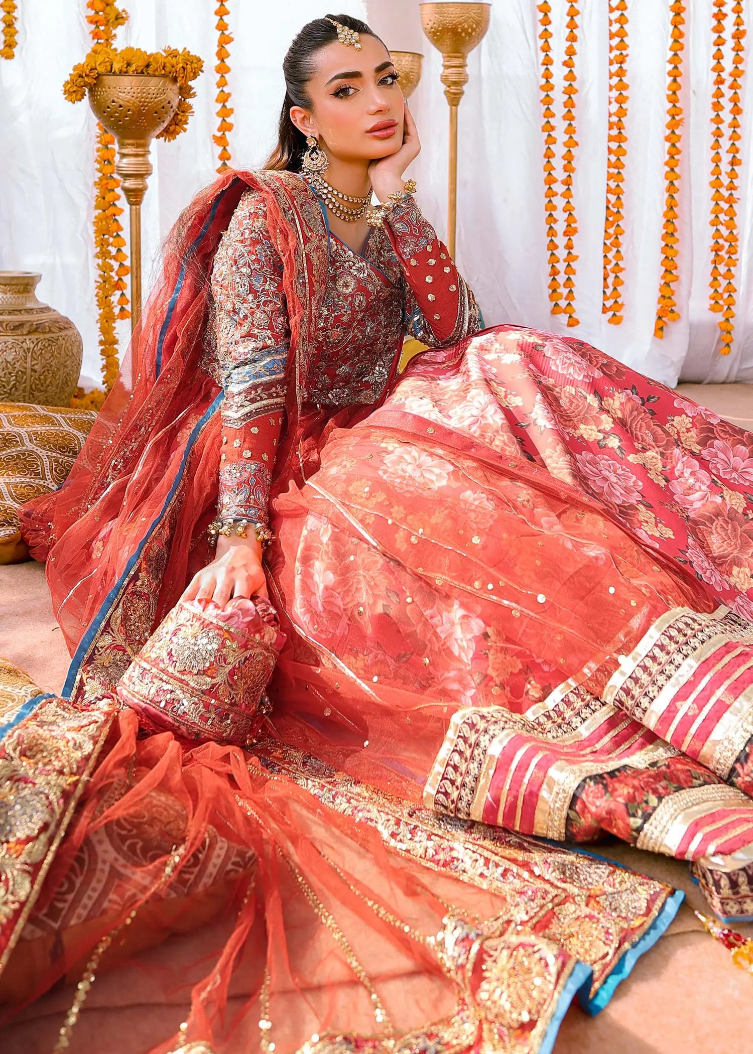 Red Zardozi Net Angrakha Lehenga (3-Piece) - Image 11