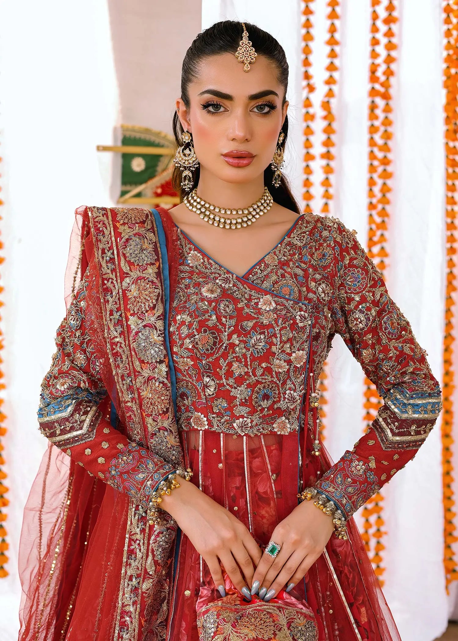 Red Zardozi Net Angrakha Lehenga (3-Piece) - Image 2