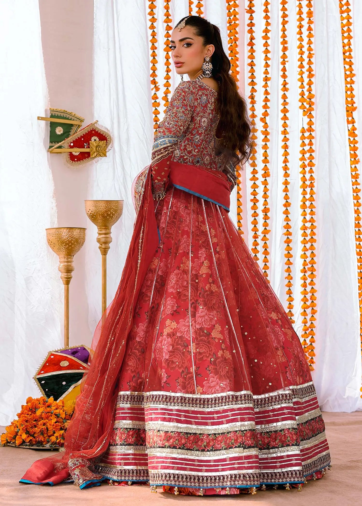 Red Zardozi Net Angrakha Lehenga (3-Piece) - Image 3