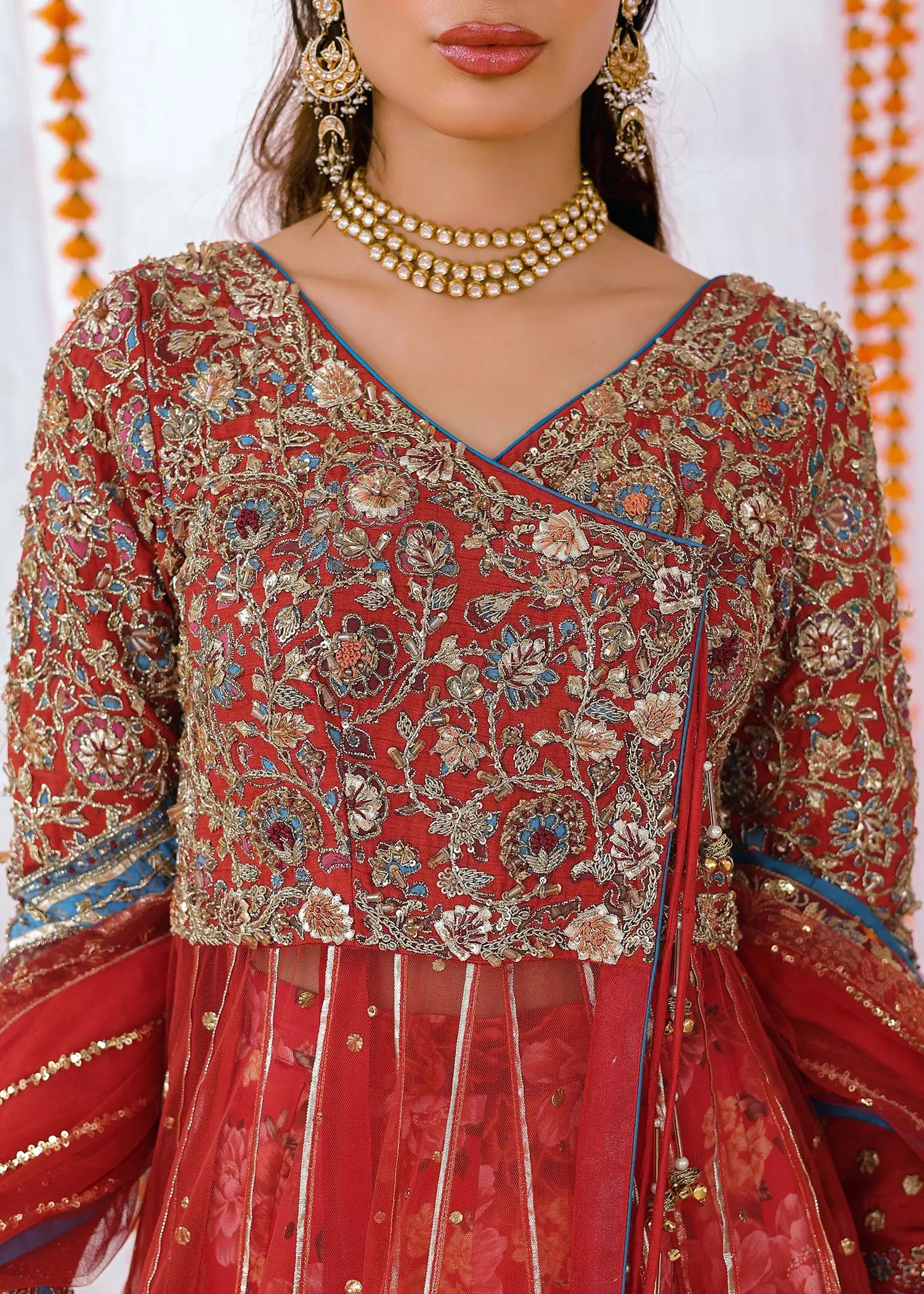 Red Zardozi Net Angrakha Lehenga (3-Piece) - Image 5