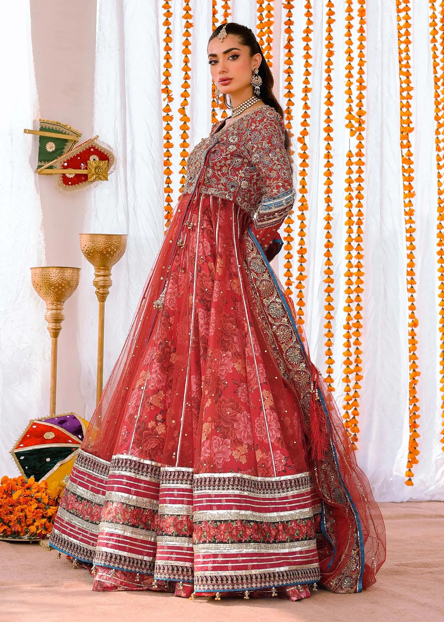 Red Zardozi Net Angrakha Lehenga (3-Piece) - Image 6