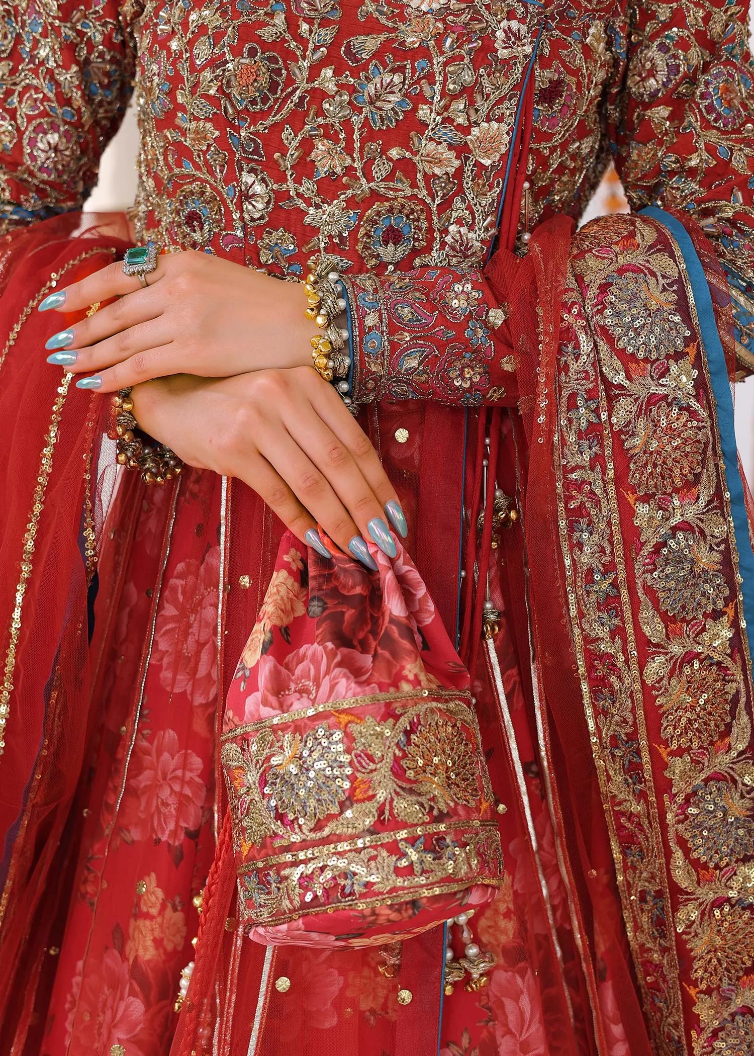 Red Zardozi Net Angrakha Lehenga (3-Piece) - Image 9
