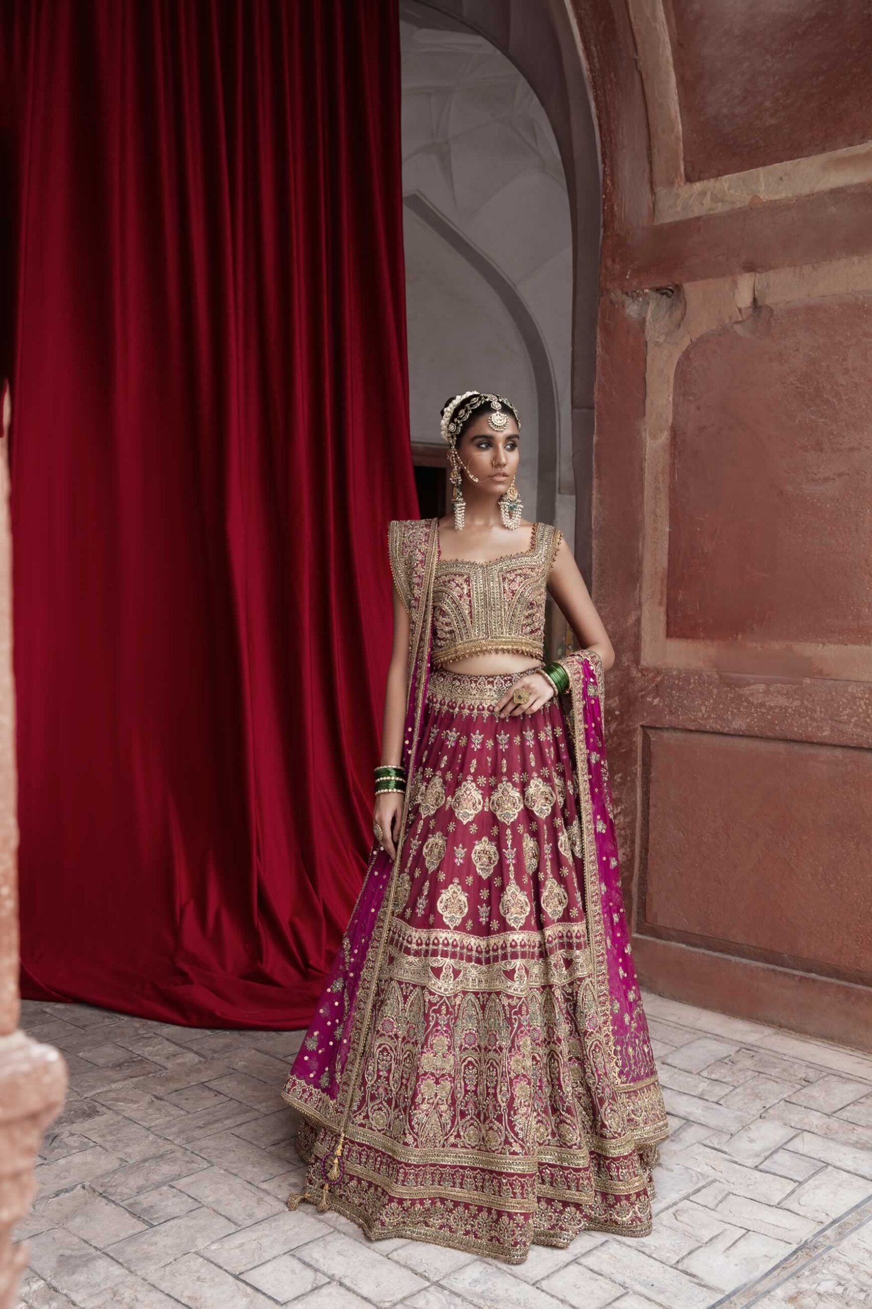 Pakistani Deep Red Embellished Silk-Blend Bridal Lehenga Choli (3-Piece) - Image 3