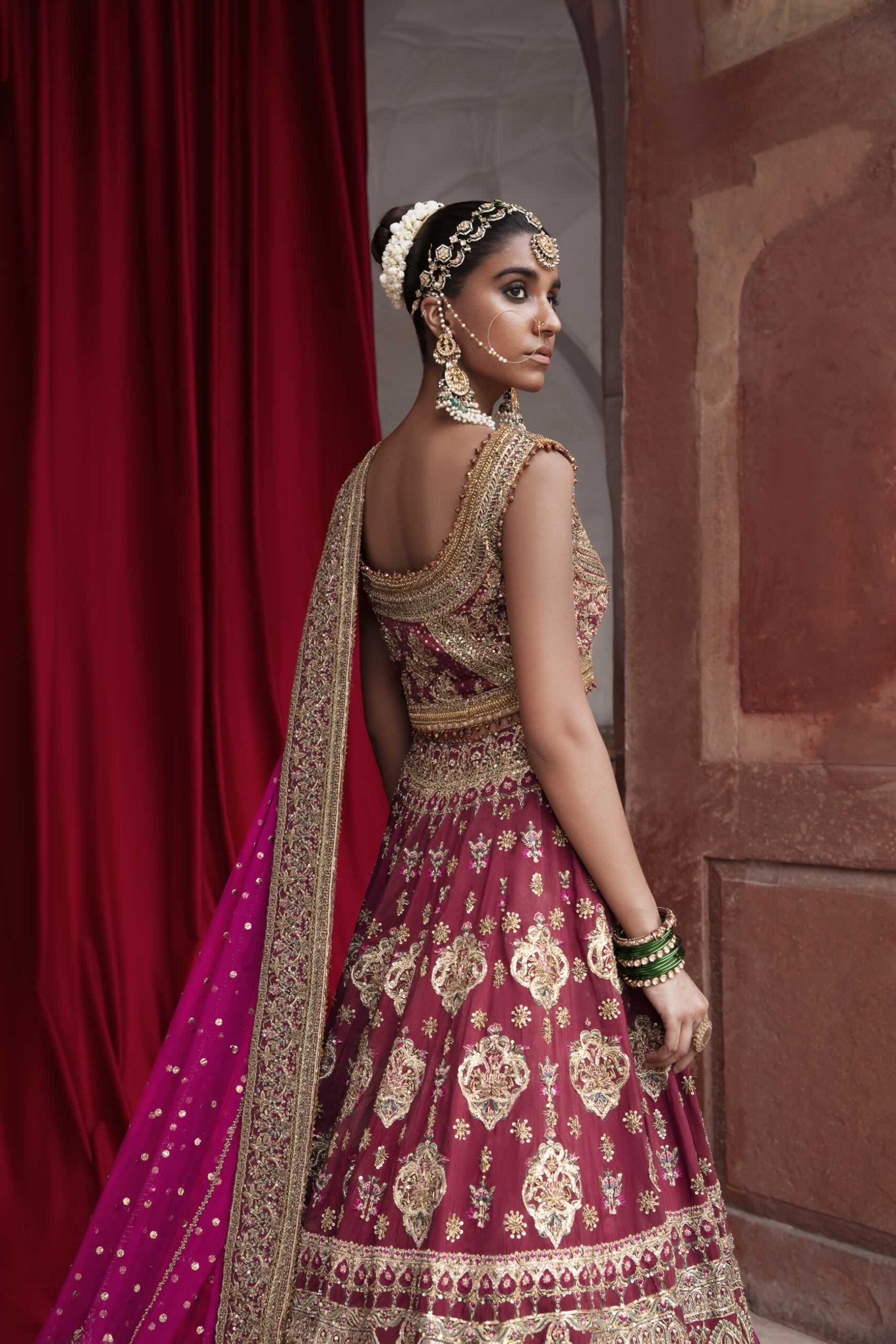Pakistani Deep Red Embellished Silk-Blend Bridal Lehenga Choli (3-Piece) - Image 5