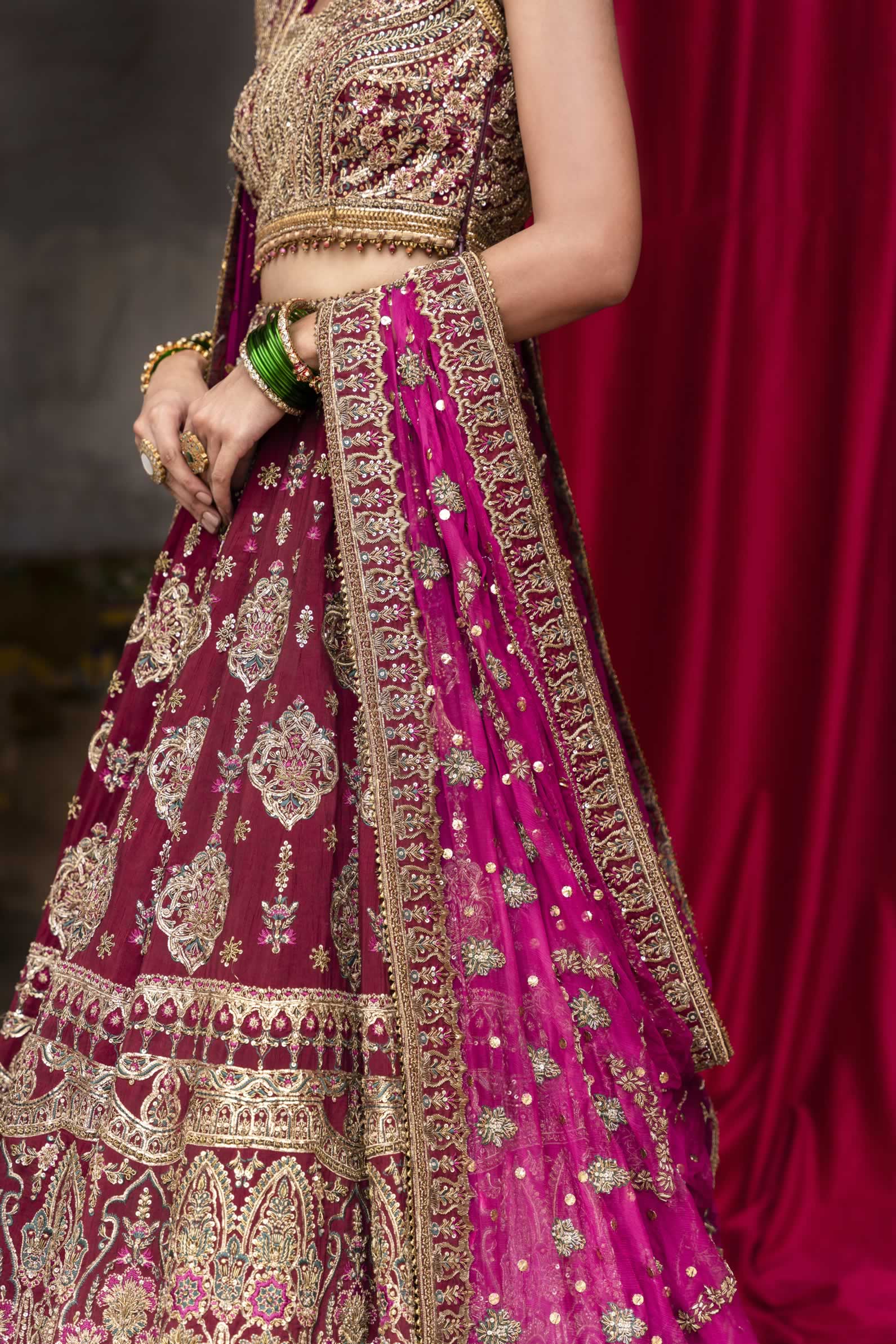 Pakistani Deep Red Embellished Silk-Blend Bridal Lehenga Choli (3-Piece) - Image 8