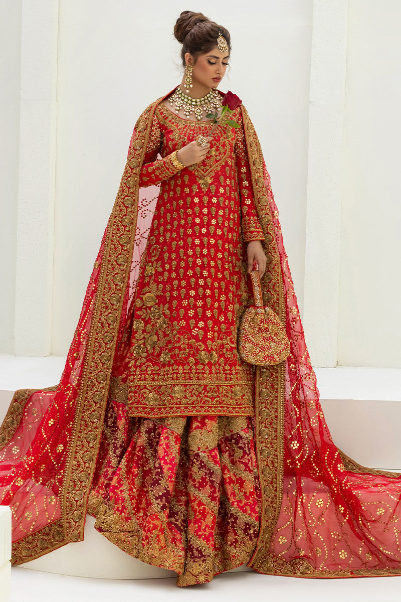 Pakistani Red Dabka Kamdani Silk Bridal Farshi Set (3-Piece) - Image 1