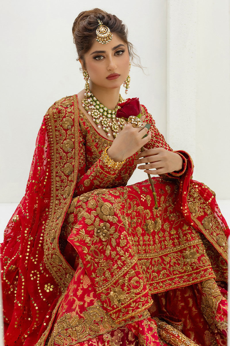 Pakistani Red Dabka Kamdani Silk Bridal Farshi Set (3-Piece) - Image 2