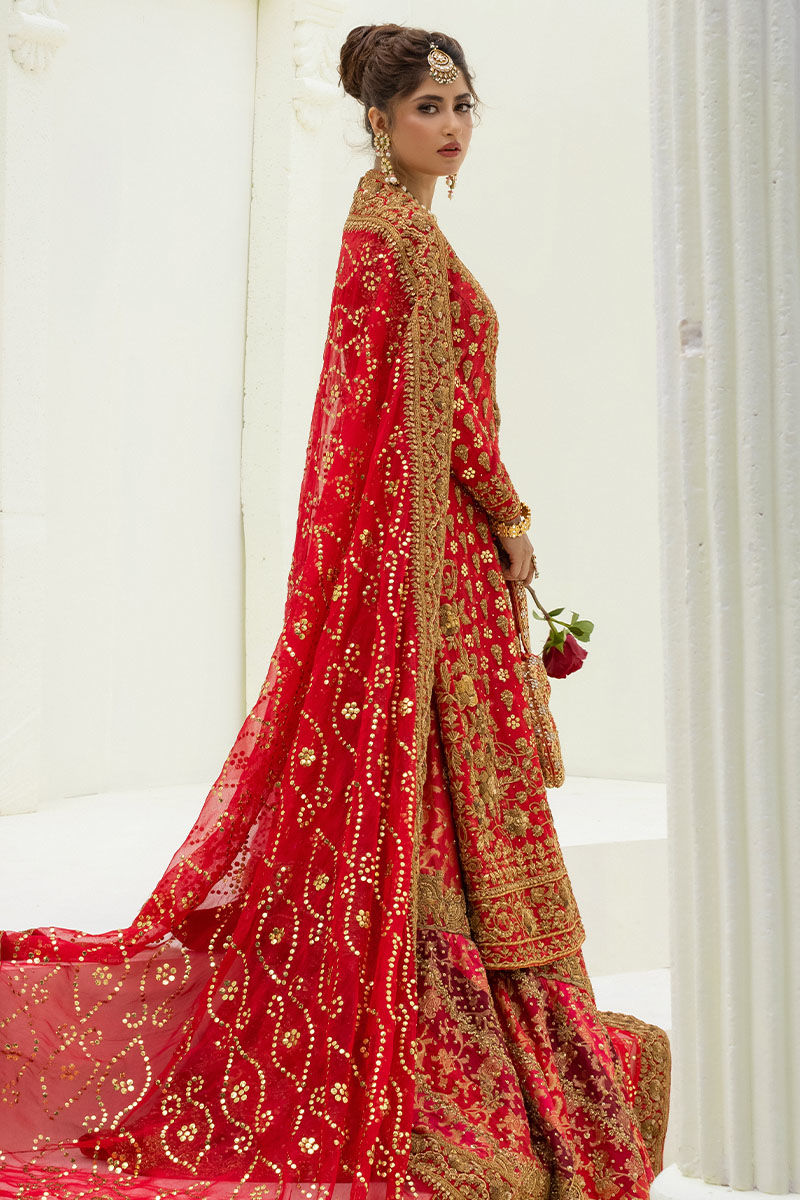 Pakistani Red Dabka Kamdani Silk Bridal Farshi Set (3-Piece) - Image 3
