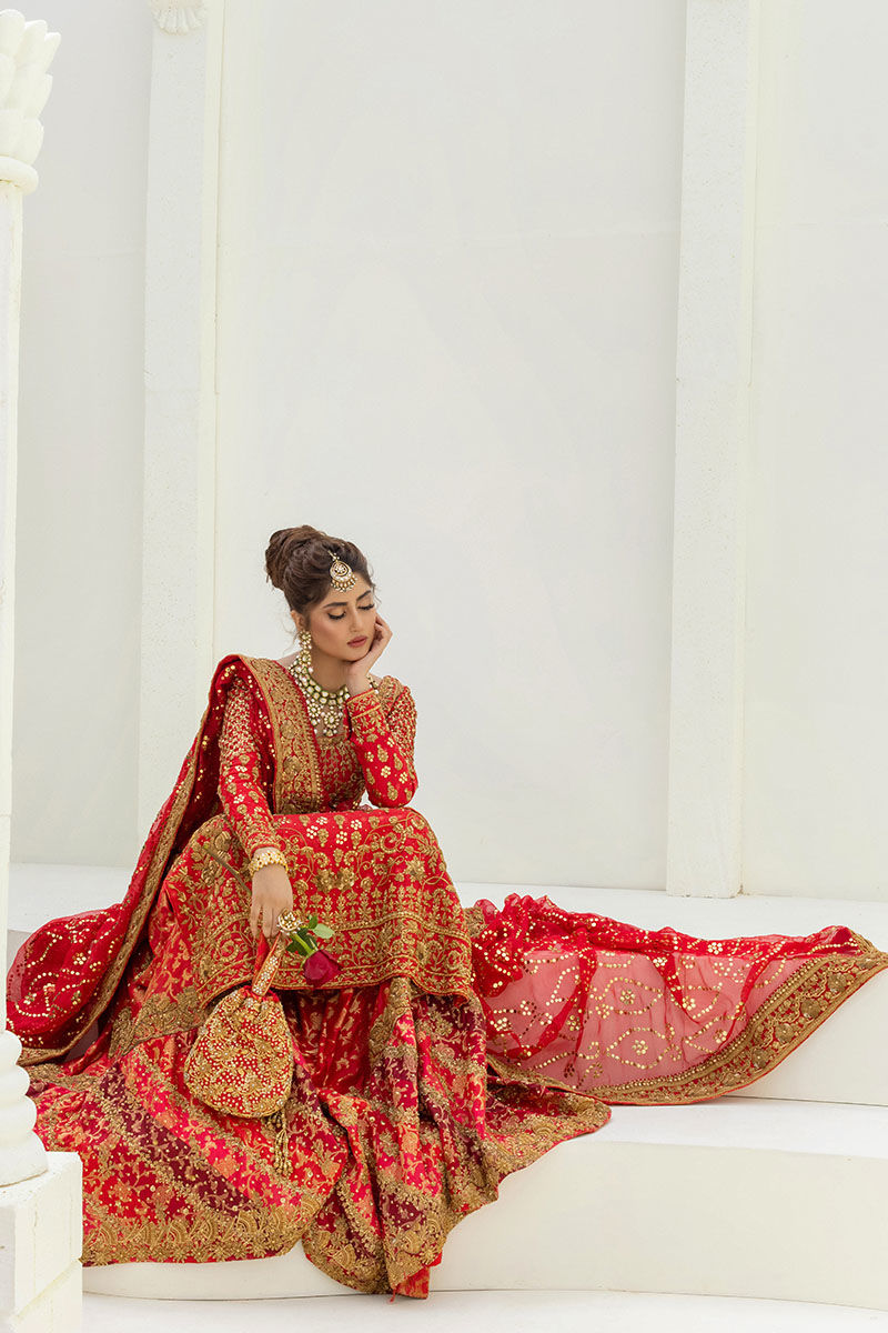 Pakistani Red Dabka Kamdani Silk Bridal Farshi Set (3-Piece) - Image 4
