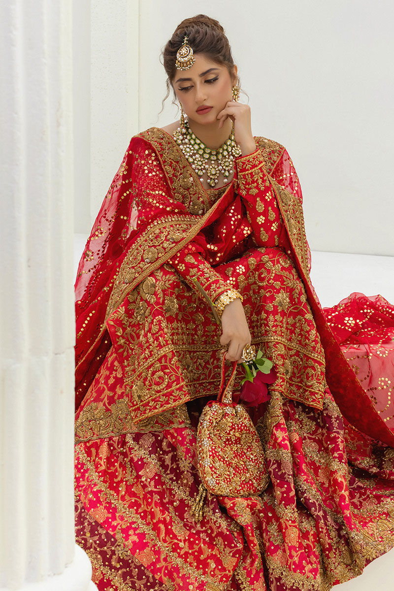 Pakistani Red Dabka Kamdani Silk Bridal Farshi Set (3-Piece) - Image 5
