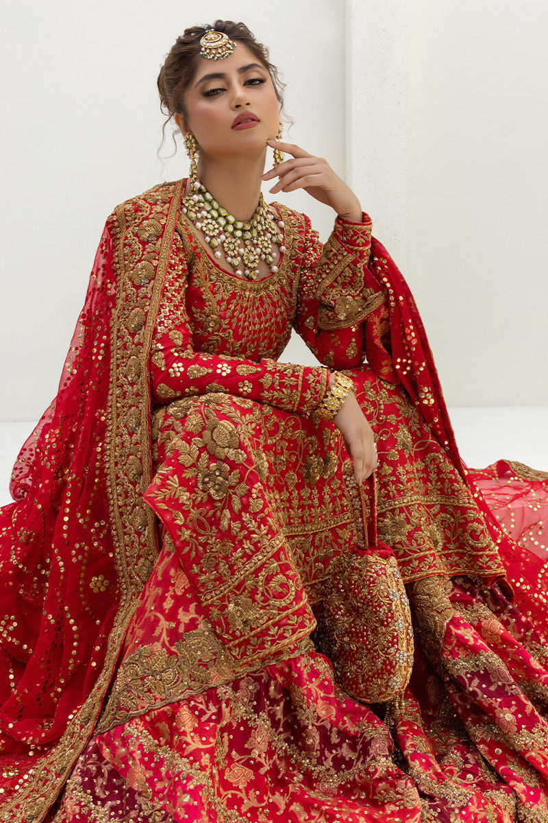 Pakistani Red Dabka Kamdani Silk Bridal Farshi Set (3-Piece) - Image 6