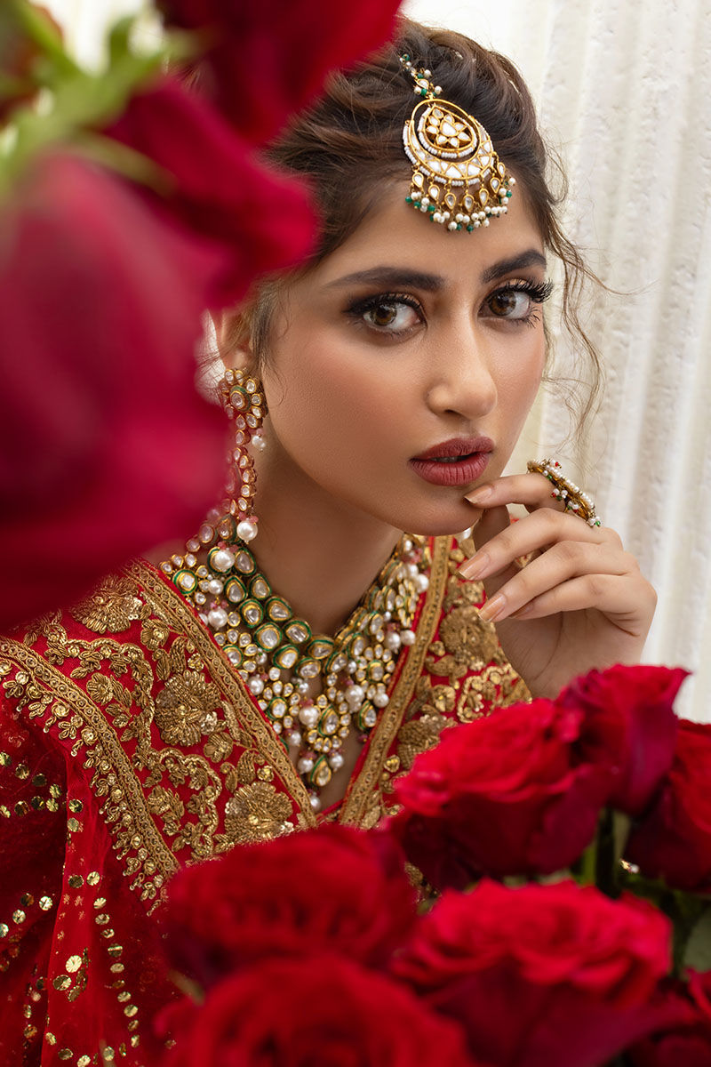 Pakistani Red Dabka Kamdani Silk Bridal Farshi Set (3-Piece) - Image 7