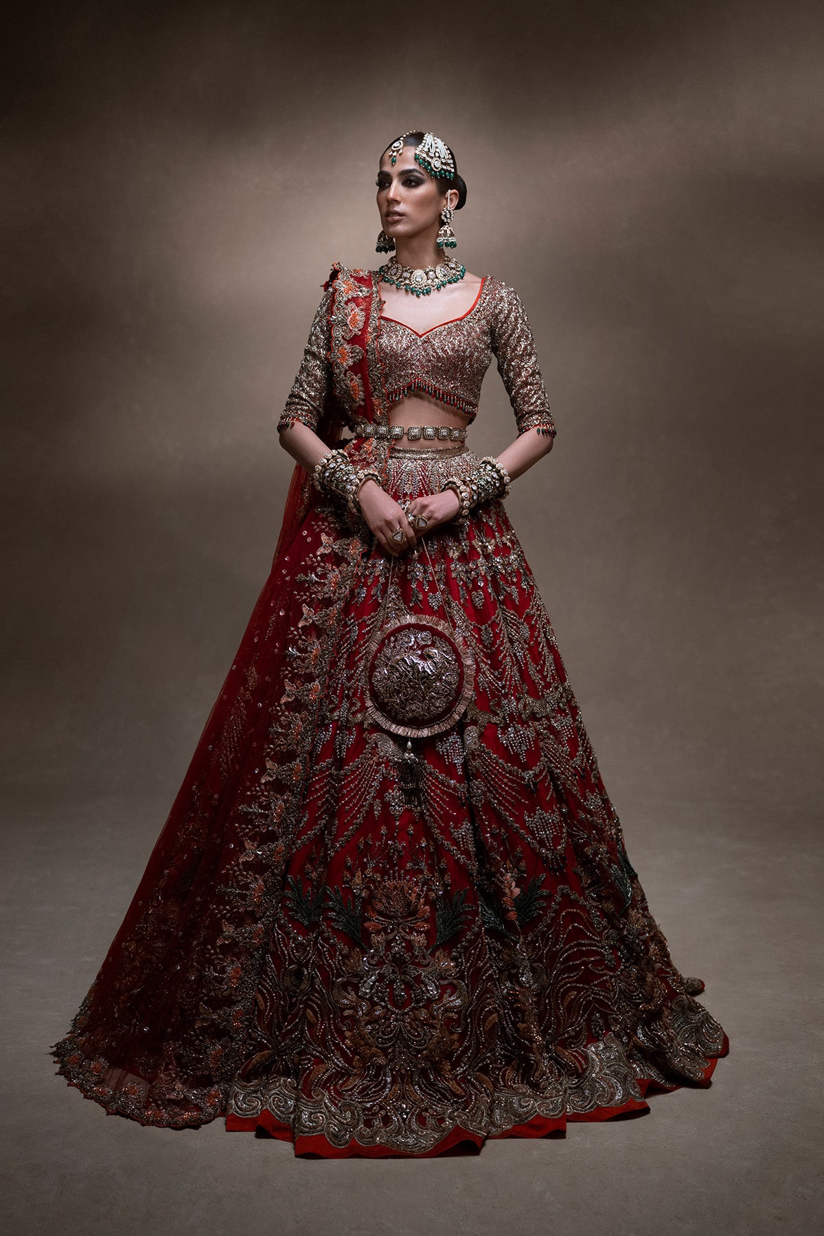 Indian Poppy Red Ganga Jamni Silk Lehenga & Choli (3-Piece) - Image 1