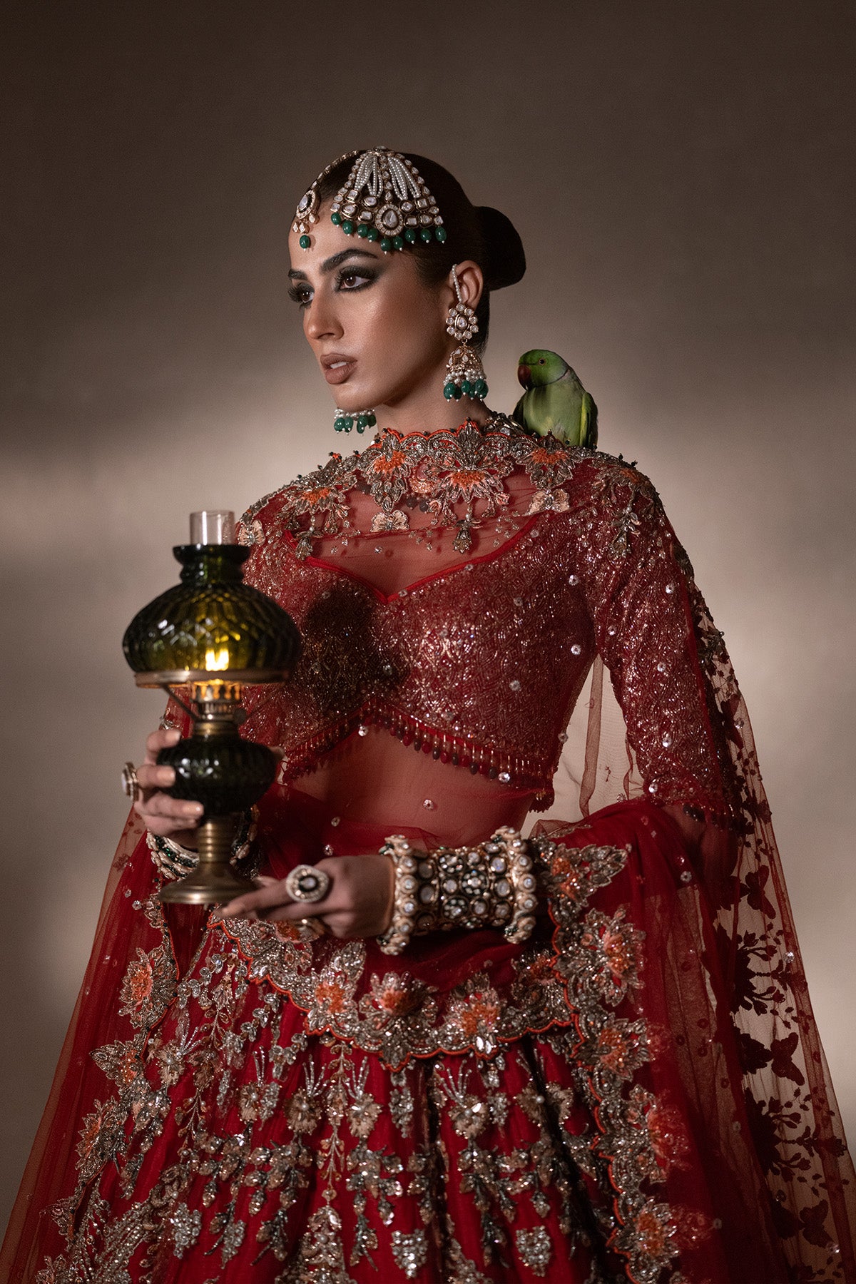 Indian Poppy Red Ganga Jamni Silk Lehenga & Choli (3-Piece) - Image 2