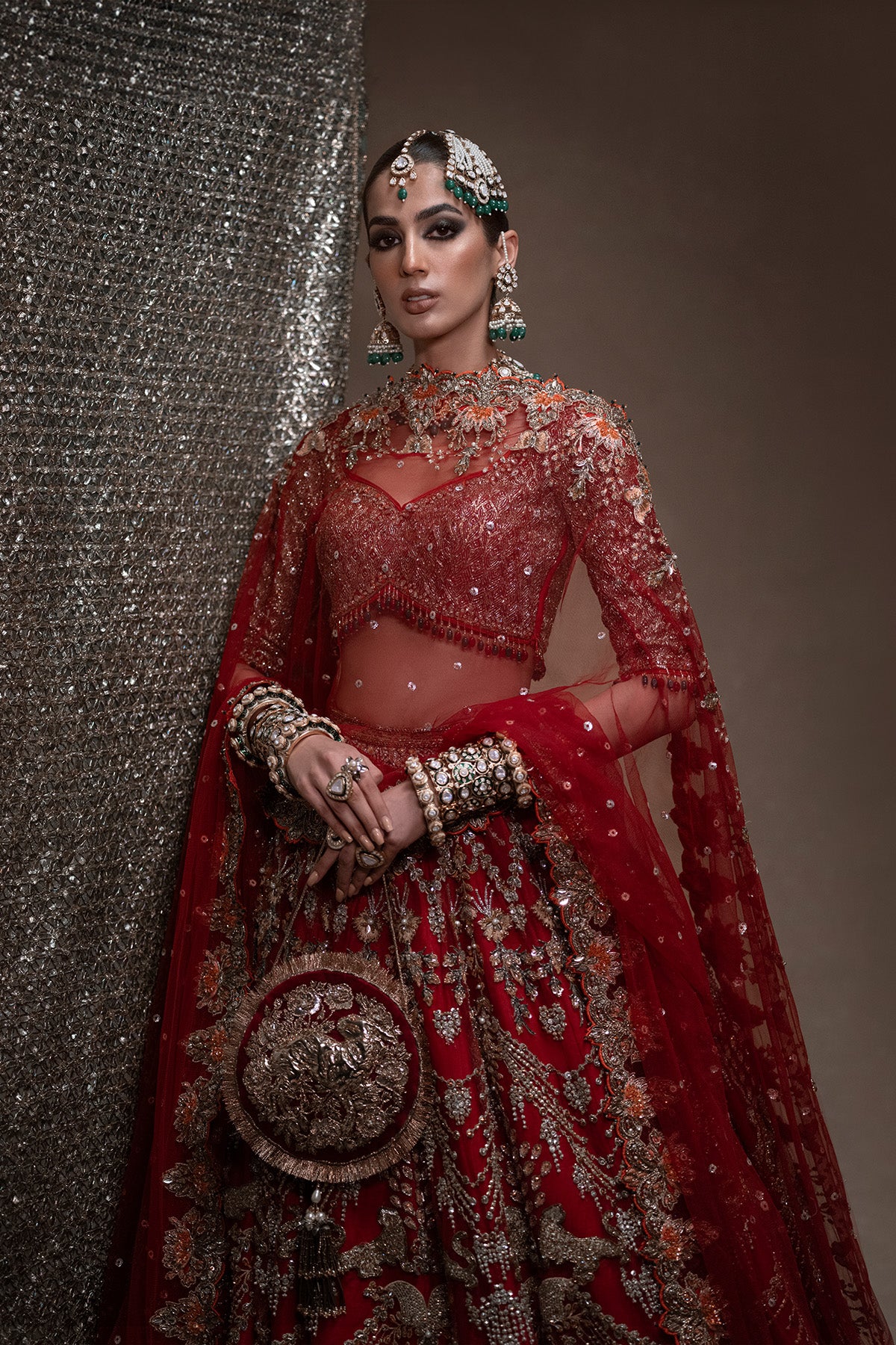 Indian Poppy Red Ganga Jamni Silk Lehenga & Choli (3-Piece) - Image 5