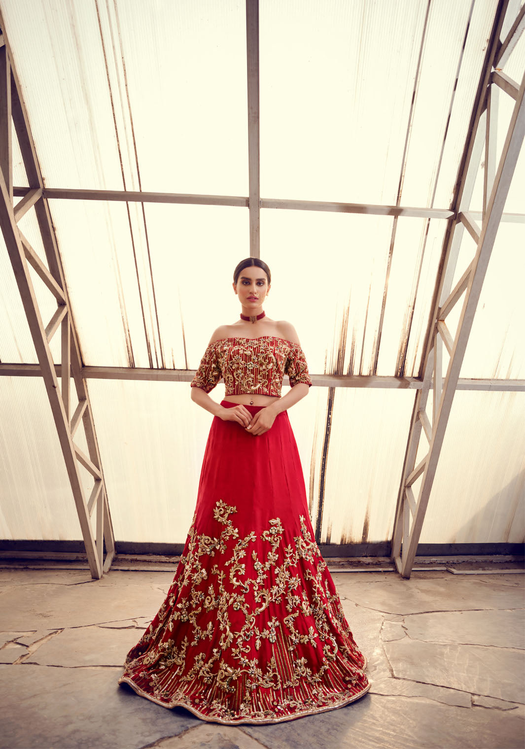 Red Embellished Silk-Blend Lehenga Set (2-Piece) - Image 1