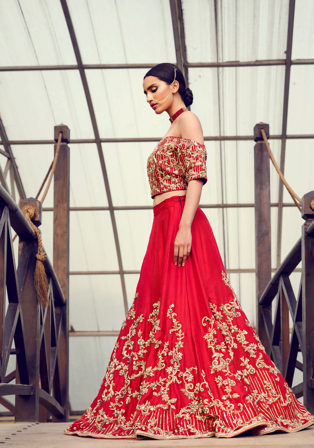 Red Embellished Silk-Blend Lehenga Set (2-Piece) - Image 2