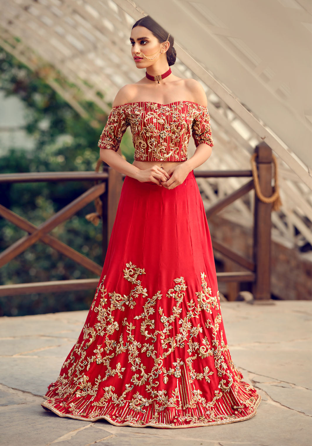 Red Embellished Silk-Blend Lehenga Set (2-Piece) - Image 4