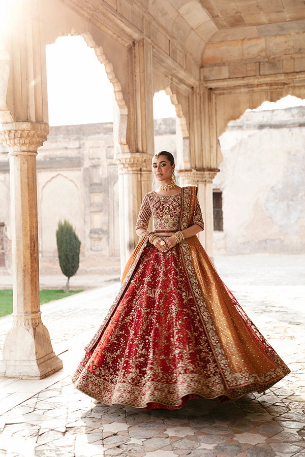 Pakistani Deep Red Embroidered Silk-Blend Bridal Lehenga (3-Piece) - Image 1