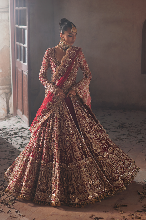 Deep Red Mukesh Embroidered Silk-Blend Bridal Lehenga (3-Piece) - Image 1