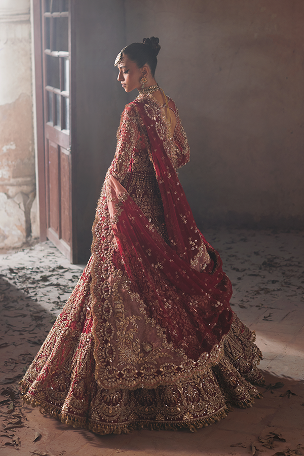 Deep Red Mukesh Embroidered Silk-Blend Bridal Lehenga (3-Piece) - Image 2