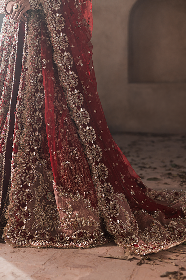 Deep Red Mukesh Embroidered Silk-Blend Bridal Lehenga (3-Piece) - Image 3