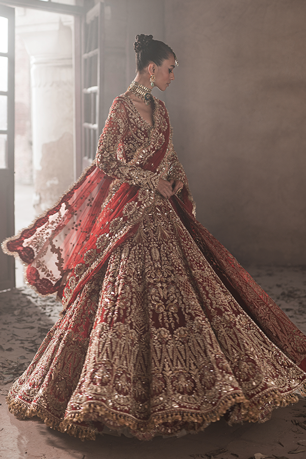 Deep Red Mukesh Embroidered Silk-Blend Bridal Lehenga (3-Piece) - Image 5