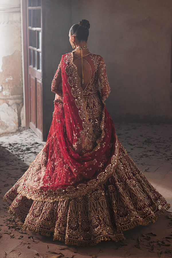 Deep Red Mukesh Embroidered Silk-Blend Bridal Lehenga (3-Piece) - Image 7