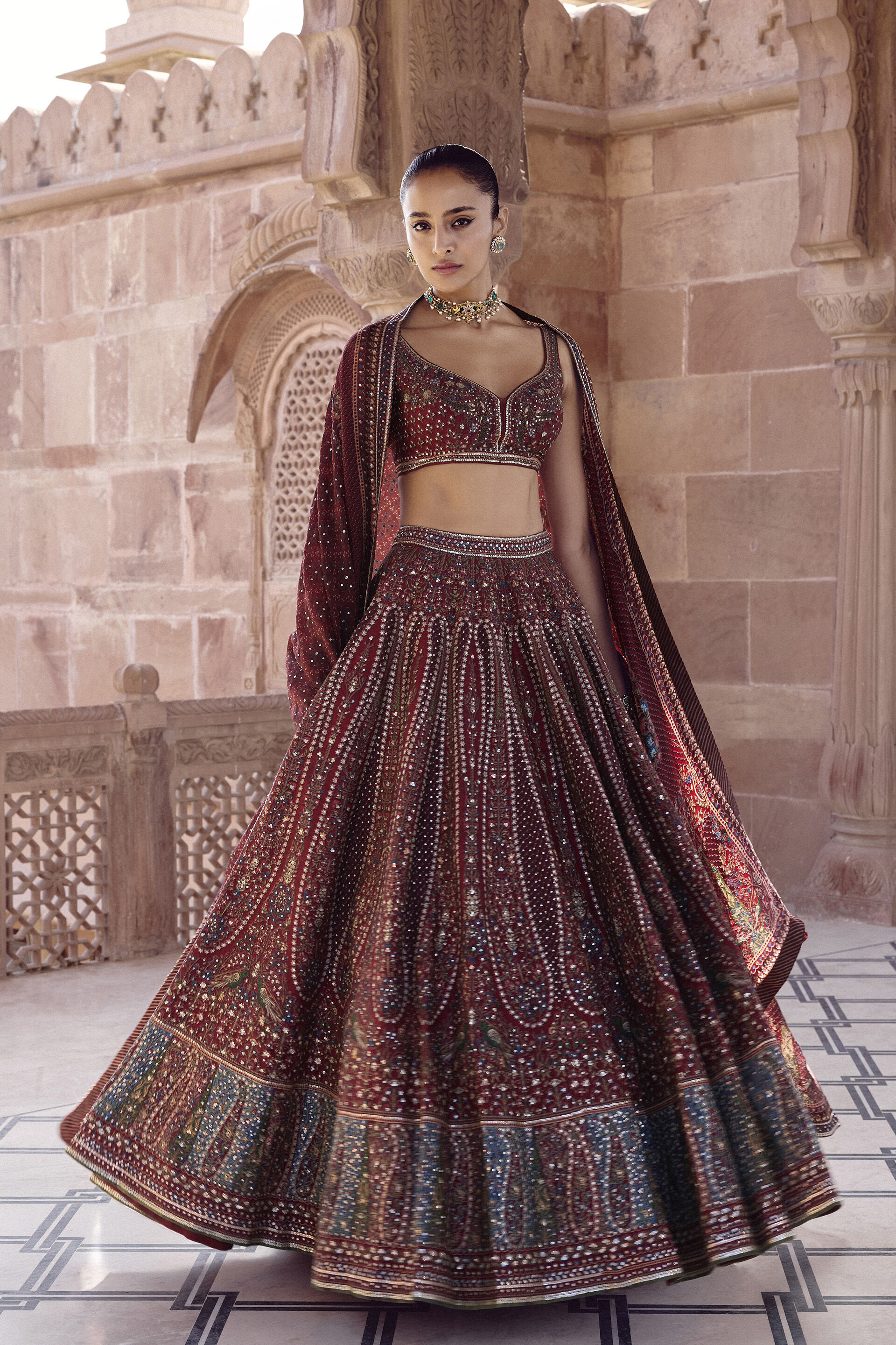 Deep Red Sequin Silk-Blend Lehenga Set (3-Piece) - Image 1