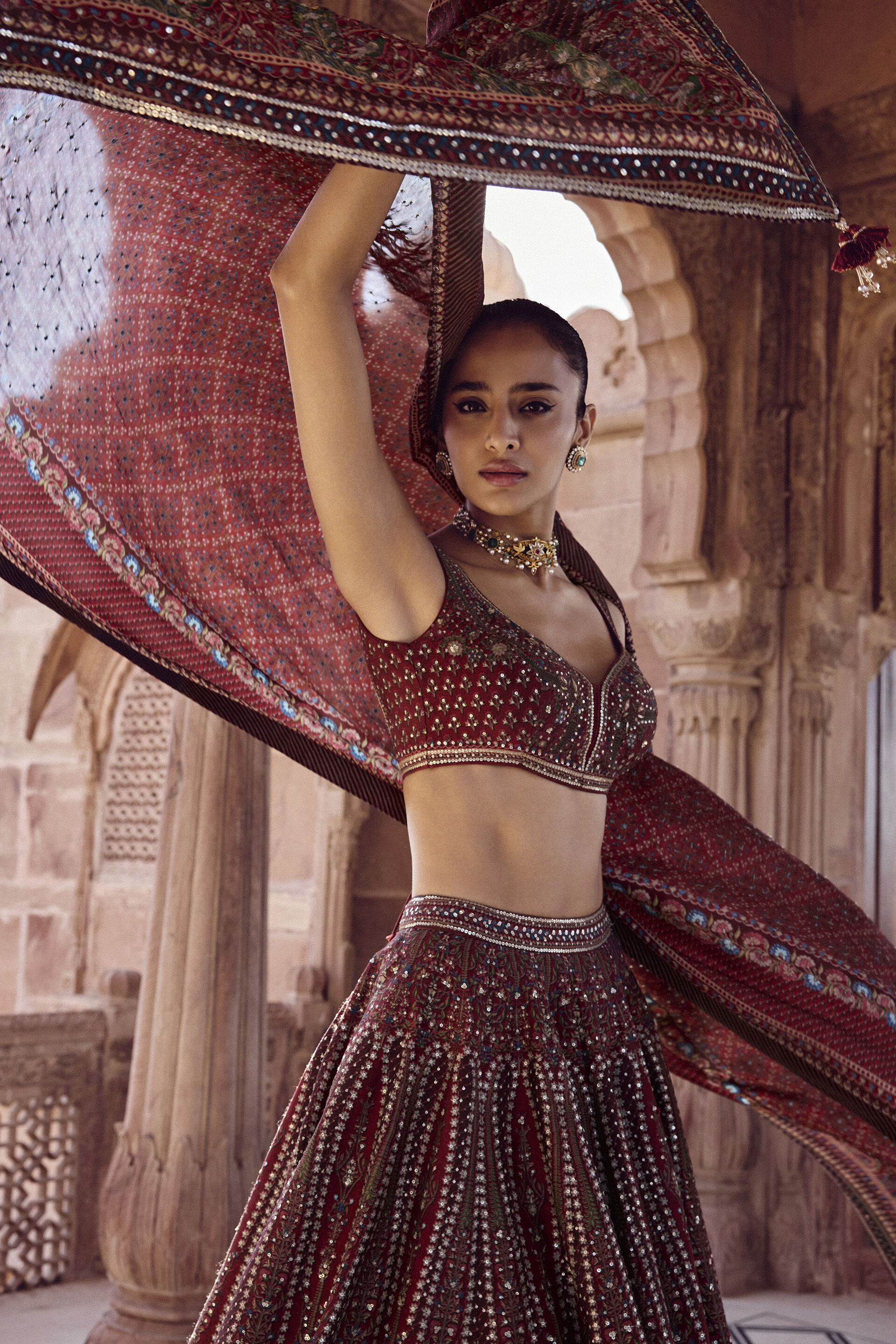 Deep Red Sequin Silk-Blend Lehenga Set (3-Piece) - Image 4