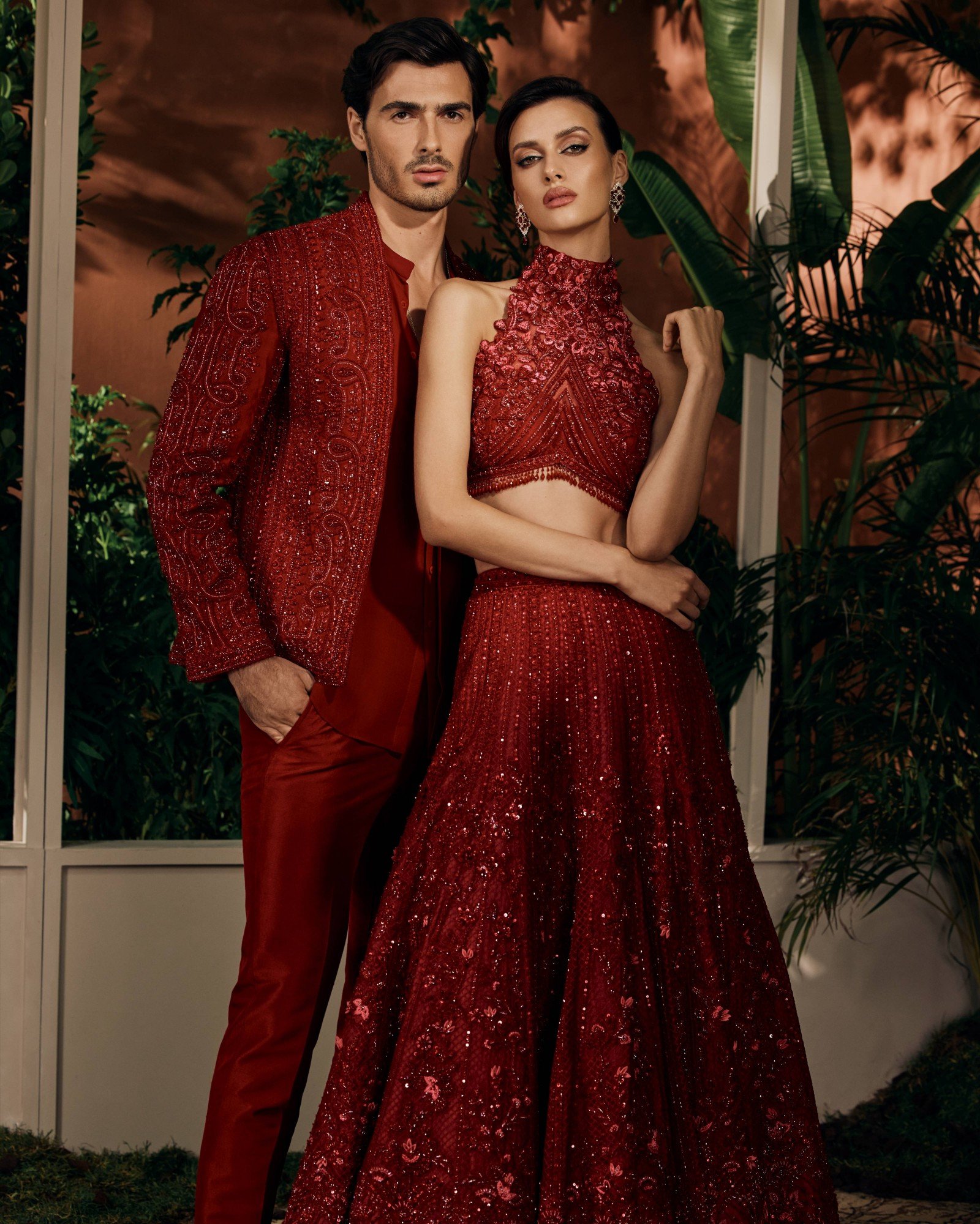 Pakistani Deep Scarlet Embellished Silk-Blend Lehenga (2-Piece) - Image 1