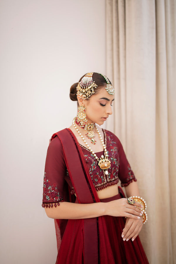 Pakistani Deep Red Embroidered Silk-Blend Lehnga Choli (3-Piece) - Image 1