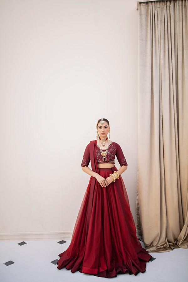 Pakistani Deep Red Embroidered Silk-Blend Lehnga Choli (3-Piece) - Image 2