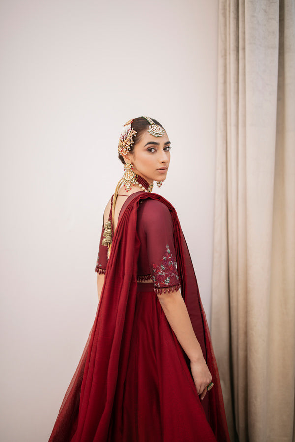 Pakistani Deep Red Embroidered Silk-Blend Lehnga Choli (3-Piece) - Image 3