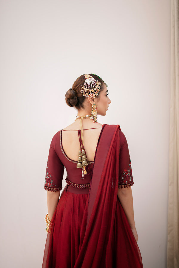 Pakistani Deep Red Embroidered Silk-Blend Lehnga Choli (3-Piece) - Image 5