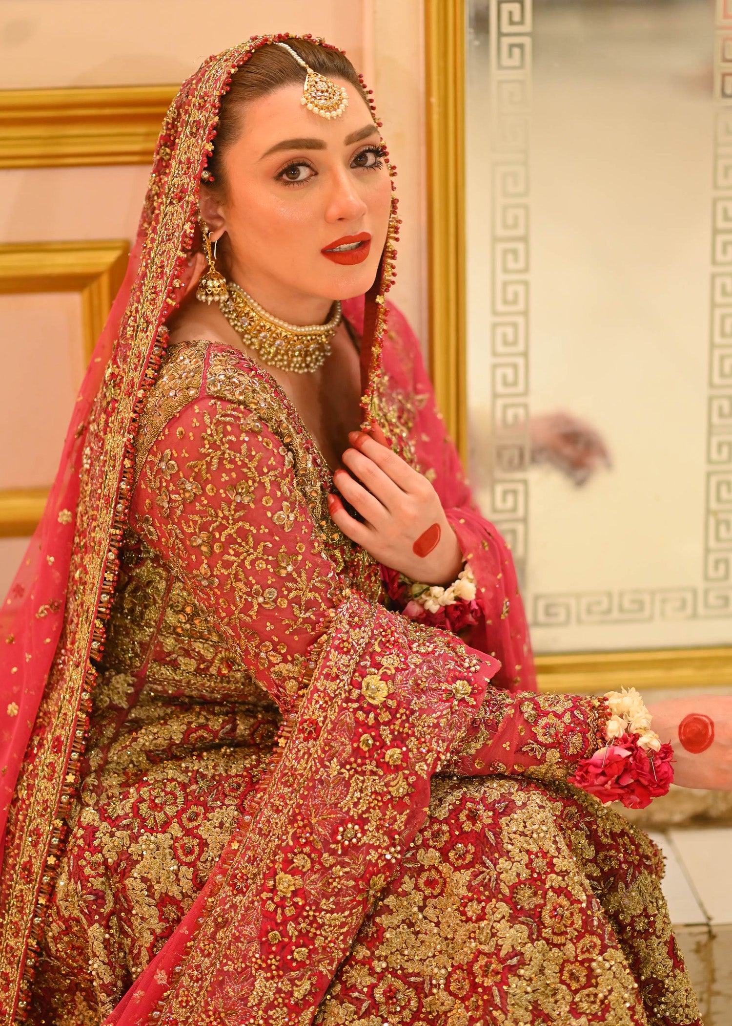 Deep Red Zardozi Silk-Blend Bridal Lehenga (3-Piece) - Image 1